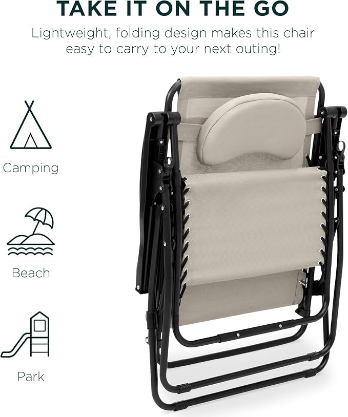 Best Choice Products Oversized Zero Gravity Chair, Folding Outdoor Patio Lounge Recliner w/Cup Holder Accessory Tray, Pillow - Ivory