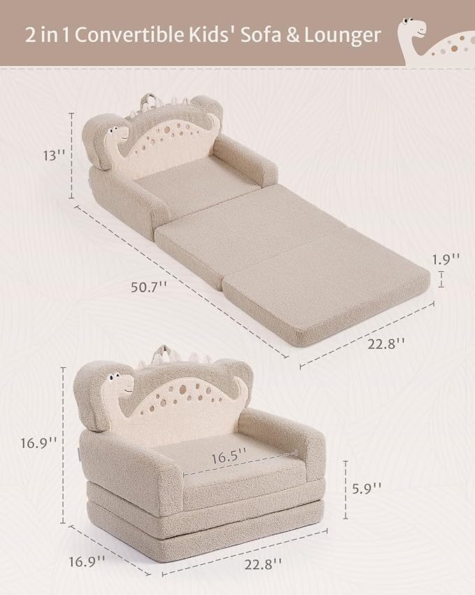 Blissful Diary Kids Couch, 2-in-1 Soft Toddler Couch Fold Out, Toddler Chair Comfy, Convertible Sofa to Lounger with Cute Dinosaur Designs, Pale Khaki