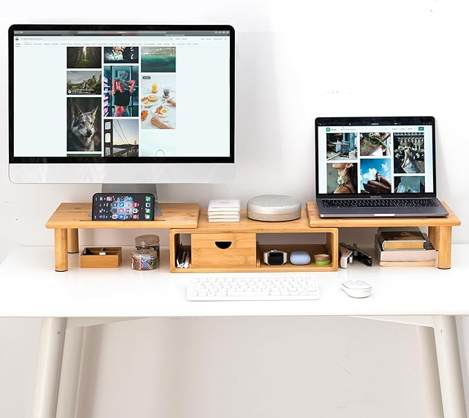 ROCDEER Dual Monitor Stand Riser with Drawer for Desk Laptop Desk Shelf with Adjustable Length and Angle, Bamboo Computer Stand Riser for 2 or 3 Monitors Screen Laptop PC TV -Natural