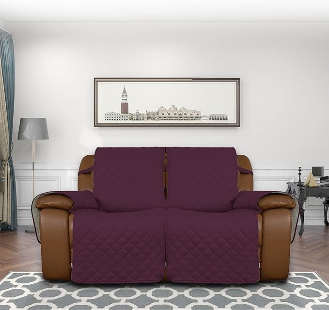 Easy-Going Recliner Sofa Cover, Reversible Couch Cover for Double Recliner, Split Sofa Cover for Each Seat, Furniture Protector with Elastic Straps for Kids, Dogs, Pets (2 Seater, Wine/Beige)