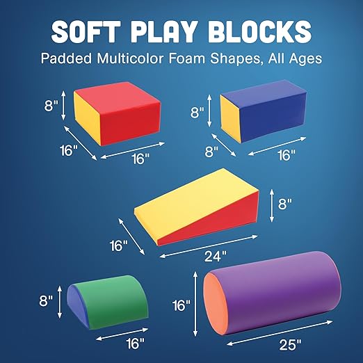 Constructive Playthings Kids Climbing Toys for Toddlers, Soft Play Equipment, Daycare Essentials, Padded Shapes, Sturdy Vinyl Exterior, Easy to Clean, Multicolor, 5 Foam Shapes, All Ages