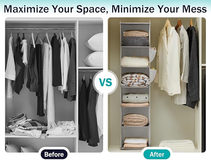 YOUDENOVA Hanging Closet Organizer, 6-Shelf Closet Hanging Storage Shelves, 2 Packs, Light Grey