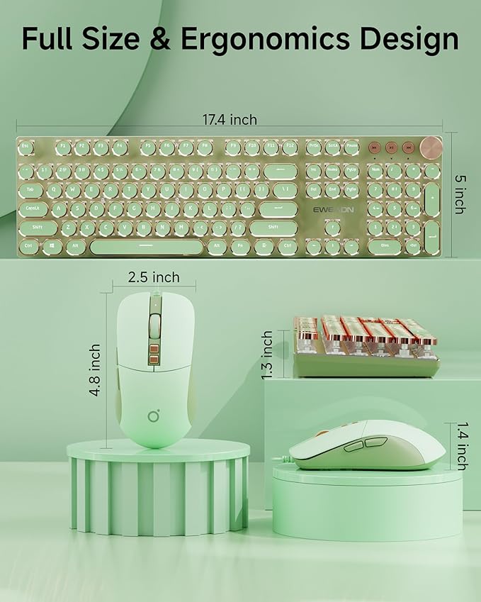 EWEADN Wired Typewriter keyboard and Mouse Combo, Typewriter Style Mechanical Gaming Keyboard,104 Keys Backlit LED Keyboards, Media Control Knob, Wired Keyboard Pink Switch for Windows/Mac/PC-Green