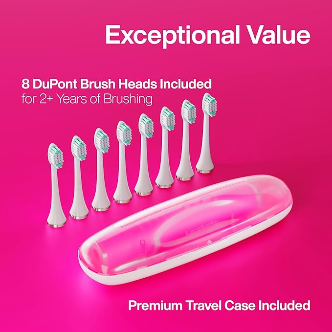 Aquasonic Vibe Series Ultra-Whitening Toothbrush – ADA Accepted Electric Toothbrush - 8 Brush Heads & Travel Case – 40,000 VPM Motor & Wireless Charging - 4 Modes w Smart Timer – Electric Pink