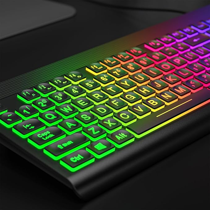 Large Print Backlit Keyboard, USB Wired Computer Keyboard, Full Size Keyboard with Rainbow Illuminated LED Compatible for Windows Desktop, Laptop, PC, Gaming, Black