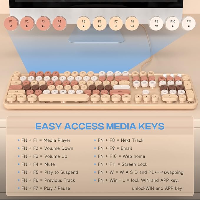 Computer Keyboard Wired, Plug Play USB Retro Round Typewriter Keyboard, Full Size Wired Keyboard with Foldable Stands for Laptop and Office PC- Milk Tea Colorful