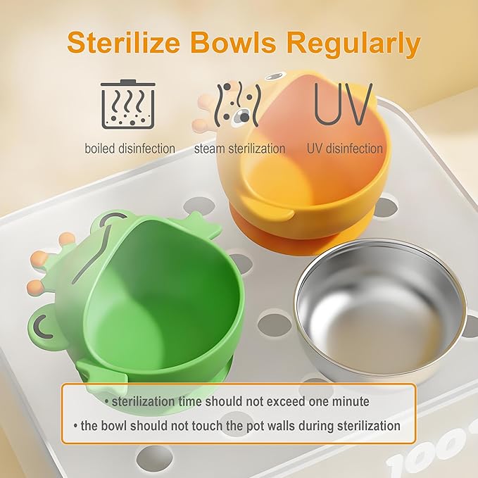 Suction Bowls Set for Baby Feeding,Yellow Duck Silicone Suction Baby Bowl and Food-Grade 304 Stainless Steel Bowl with Fork and Spoon,Dishwasher Safe