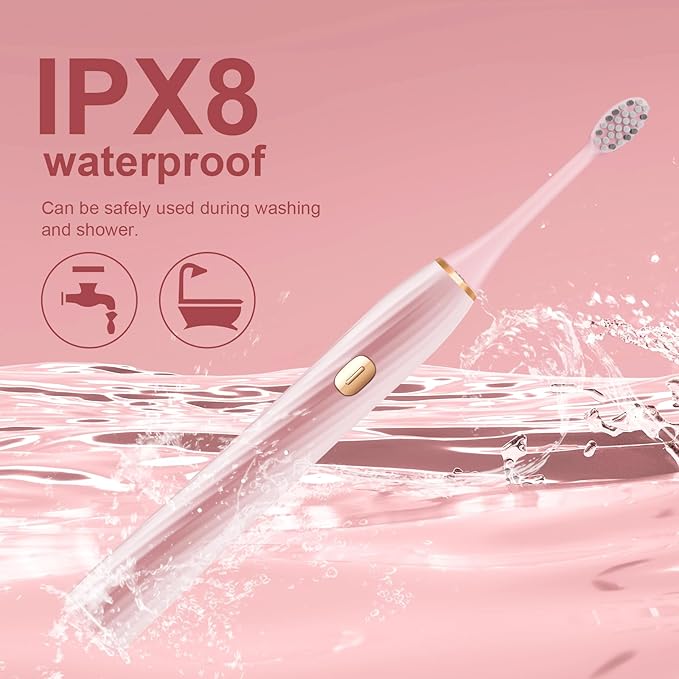 Electric Toothbrush for Adults and Kids, Sonic Electric Toothbrush, 4 Modes and 2 Minute Timer, 30000-45000VPM Power Toothbrush, IPX8, One Charge for 90 days 8 Replacement Head, Christmas Gift (Pink)