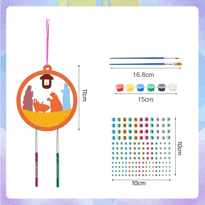 Fennoral 12 Pack Christmas Nativity Wind Chimes Kit for Kids Make Nativity Craft for Kids DIY Coloring Wooden Craft for Christmas Christian Religious Ornaments Christmas Party Decoration