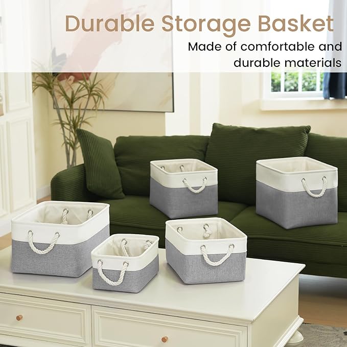 VQRTEXA Storage Baskets for Shelves 13.8x9.8x6.7 Inch, Foldable Fabric Storage Bins with Handles, Small Storage Baskets for Organizing Closet, Bathroom, Office, Home Organization (1-Pack, White&Gray)
