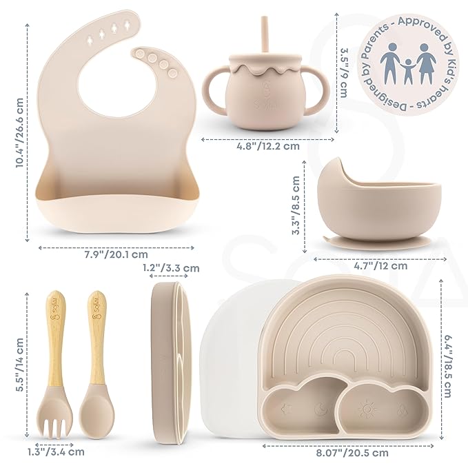 All In One Silicone Baby Feeding Set By SofiAl - Safe for 6-12 Months - Non-Toxic Baby Led Weaning Supplies - Toddler Self Feeding Utensils - BPA-Free - Mess Free Baby Feeding Essentials