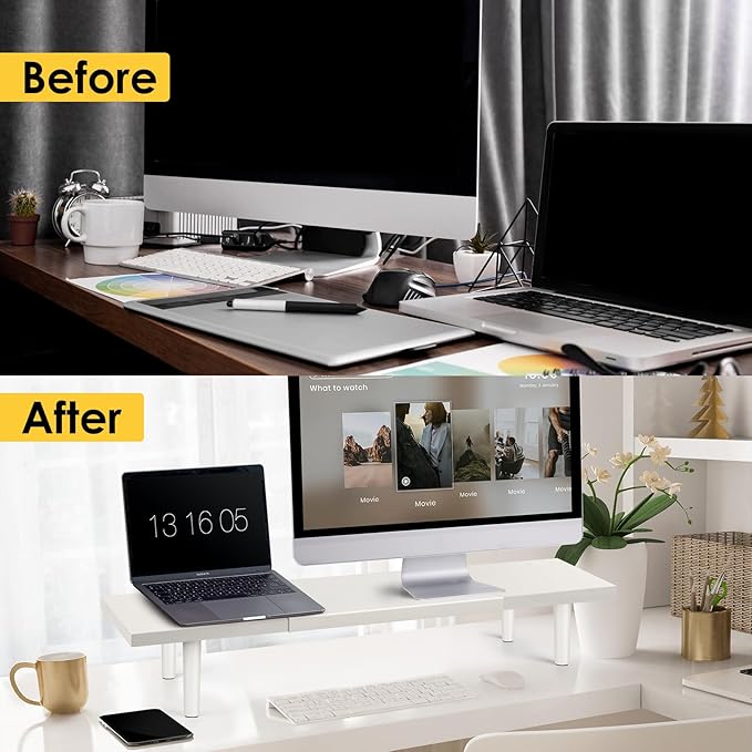 Across-Star Dual-Monitor-Stand-Riser-For-Desk Adjustable Length 32-40 Inch,Large Desktop Computer Monitor Riser For 2 Screens,Desk Shelf Organizer Riser Stand For Computer/Laptop/PC/Printer/TV White