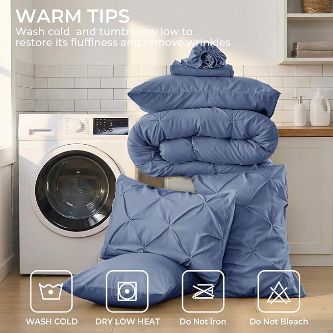 Sasttie King Size Comforter Set, 7-Piece Bed in a Bag, Pintuck Bedding Set for All Season, Includes Comforter, Flat Sheet, Fitted Sheet, Pillowcases and Pillowshams, Slate Blue