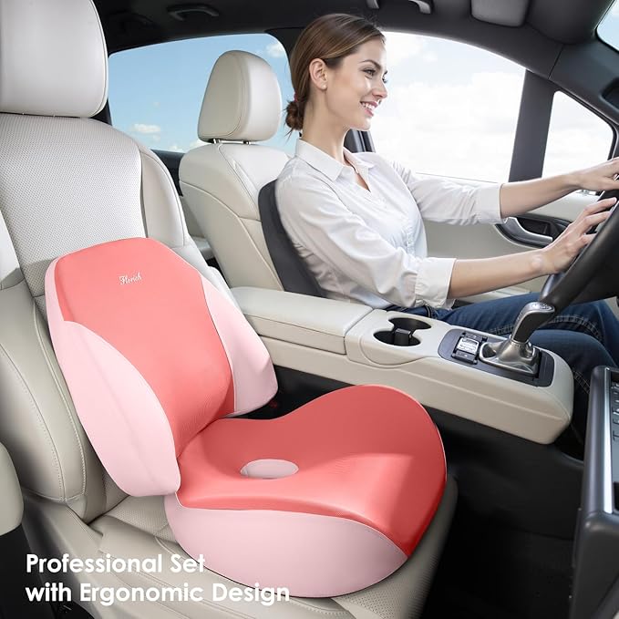 FLORICH Lumbar Support Pillow and Car Seat Cushion for Driving Car Office Chair, Memory Foam Back Support Pillow and Office Seat Chair Cushion for Sciatica Pain Relief - Pink