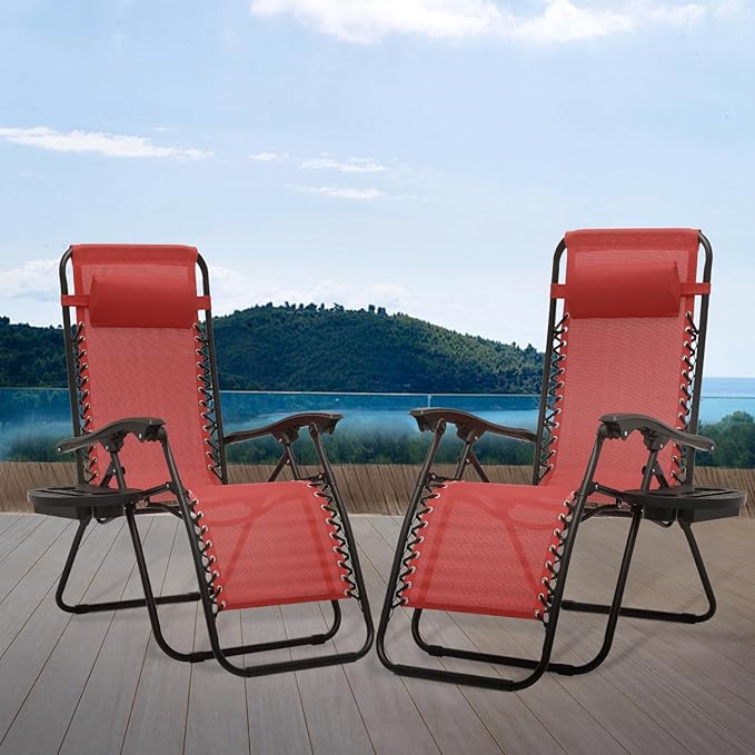 Athena Collection Zero Gravity Outdoor Lounge Chair Set of 2 with Cup Holder, 25" Width Pool Lounge Lawn Chairs Reclining, Outdoor Chaise for Beach Patio Backyard Outside, Dark Red