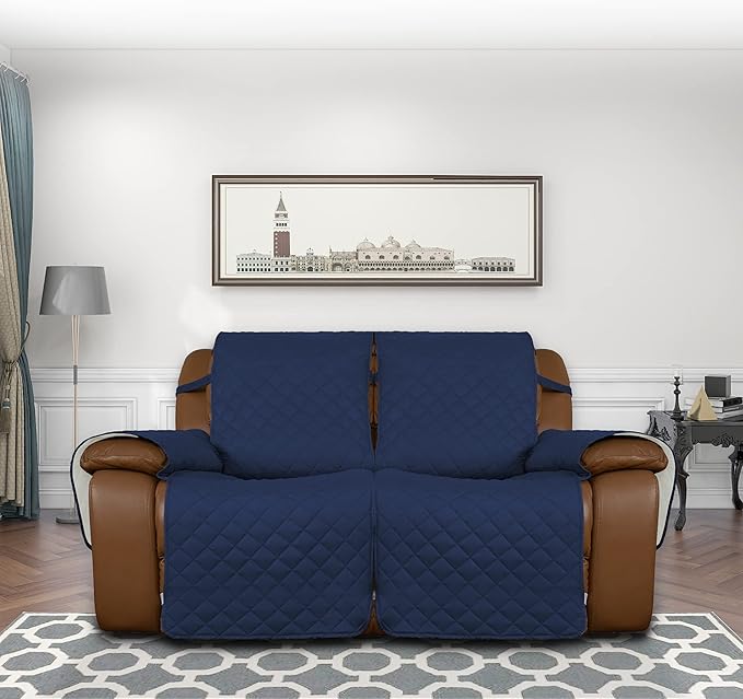 Easy-Going Oversized Loveseat Recliner Cover, Reversible Couch Cover for Double Recliner, Split Sofa Cover for Each Seat with Elastic Straps for Dogs, Pets(Oversized 2 Seater, Navy/Ivory)
