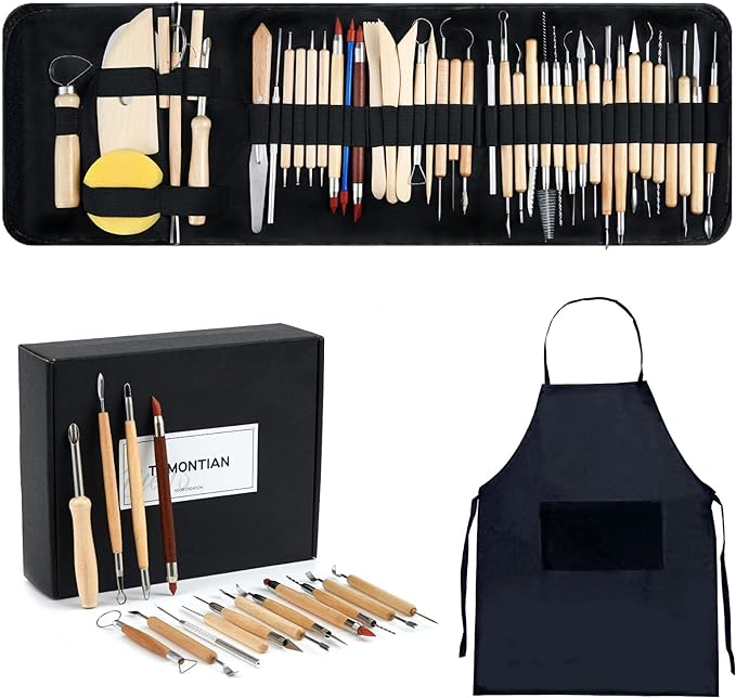 TEMONTIAN Pottery Tool Kit,Clay Sculpting Tools,43 Pcs Double Sided Pottery Wheel Tools for Adults,Pottery Carving Tools,Pottery Kiln Tools at Home,Ceramics Tools Set with Carrying Case Bag and Apron