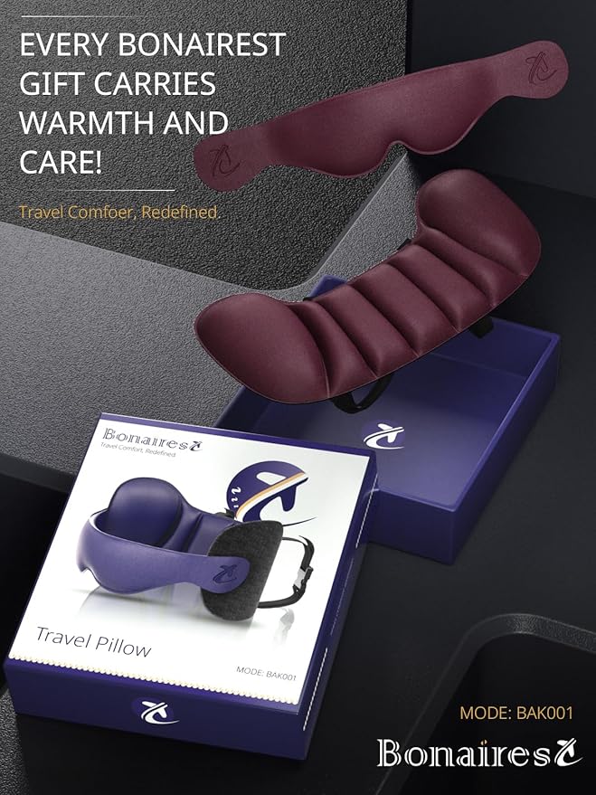 Bonairest Travel Pillow, Airplane Neck Pillow for Long Flight, Oversized Head Strap with 3D Eye Mask for Sleep, 360°Support Headrest, Stop Bobblehead, Ultimate Travel Essentials for Men Women Red