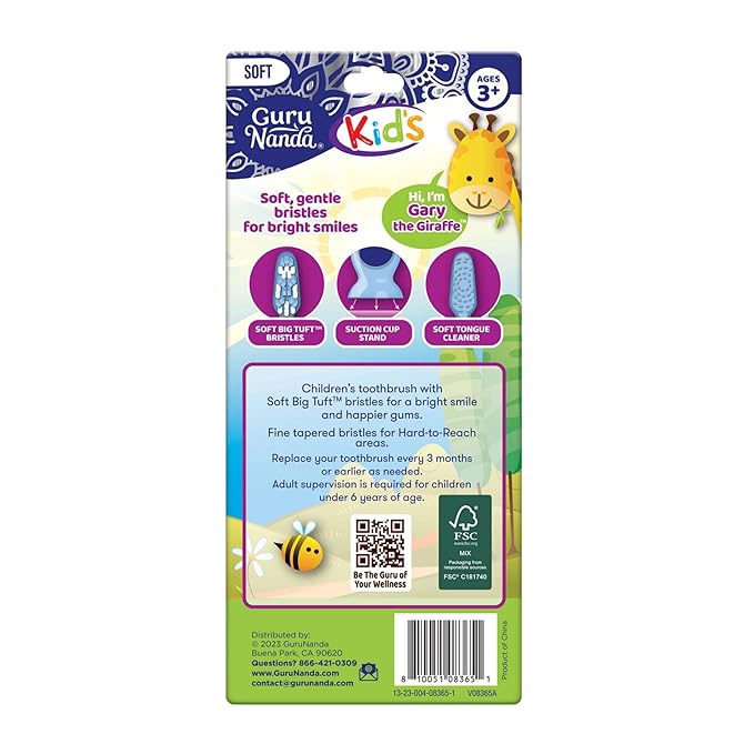 GuruNanda Kids Toothbrush with Suction Cup & Fun Animal Designs - Soft Bristles for Healthy Gums- Non-Slippery & Mess-Free Toothbrush, 3+ Age- 4 Count (Pack of 2)