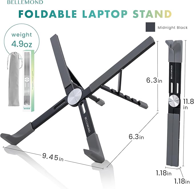 BELLEMOND Laptop Stand | Foldable & Adjustable Aluminum Riser | Ventilated X-Frame Japanese Design | Fits MacBook Pro/Air, Dell, HP, Lenovo & 10β17.3β Laptops | Portable & Lightweight | Midnight Black