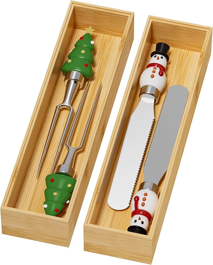 Lixple Bamboo Drawer Organizer, Narrow Stackable Cutlery Tray for Kitchen, 2 Pcs Silverware & Utensil Box, 12" x 3" x 2" (Outer), 11.3" x 2.3" x 1.77" (Inner)