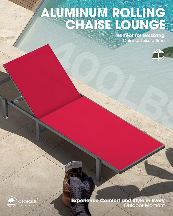 Pool Chaise Lounge Chair Set of 4, Outdoor Lounge Chairs with Wheels, 5-Position Adjustable Sun Loungers for Outside, Deck, Beach, Red