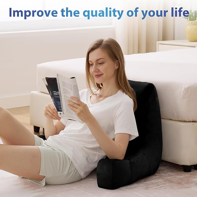 Back Pillow for Bed Sitting up, Reading Pillow for Sitting in Bed Adult, Back Support Pillow, Memory Foam Sit up Lounge Backrest Pillow with Arms for TV, Couch, Chair, Dorm, 18 Inch, Black