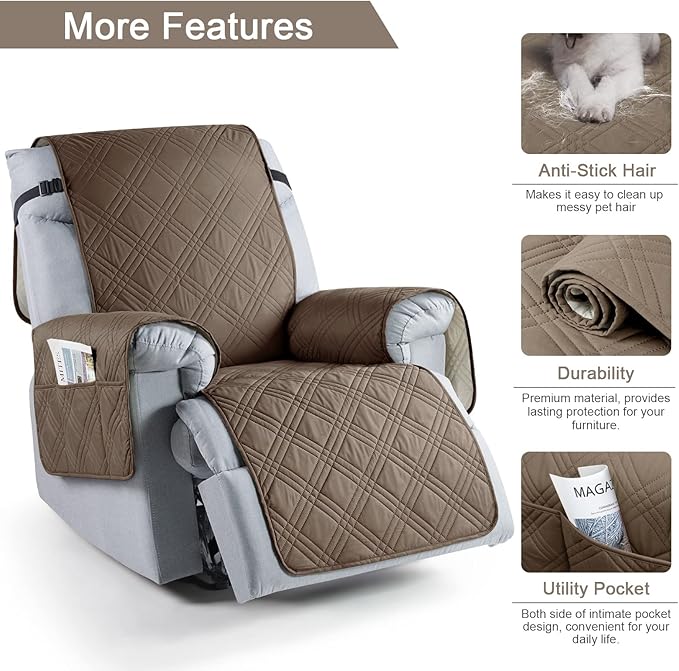 TAOCOCO 100% Waterproof Reclining Chair Cover, Non Slip Chair Covers for Recliners with Arms, Washable Recliner Chair Cover Furniture Protector for Kids, Pets(Recliner Chair, Taupe)