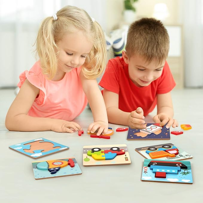 SYNARRY Wooden Vehicle Puzzles for 3 4 5 Years Old Boys Girls, Puzzles for Toddlers 2-4, Montessori Educational Toys Gifts with 6 Vehicles Transportation Puzzles, Vibrant Color Shapes
