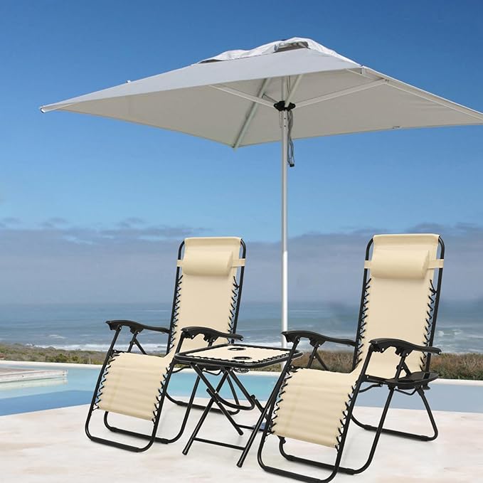 Athena Collection Zero Gravity Outdoor Lounge Chair Set of 2 with Side Table, 25" Width Pool Lounge Lawn Chairs Reclining with Cup Holder, Outdoor Chaise for Beach Patio Backyard Outside, Beige