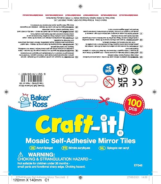 Baker Ross EF548 Self Adhesive Mirror Tiles, Kids Card Making, Mosaic Crafts, Collage (Pack of 100), 1.3cm, Assorted