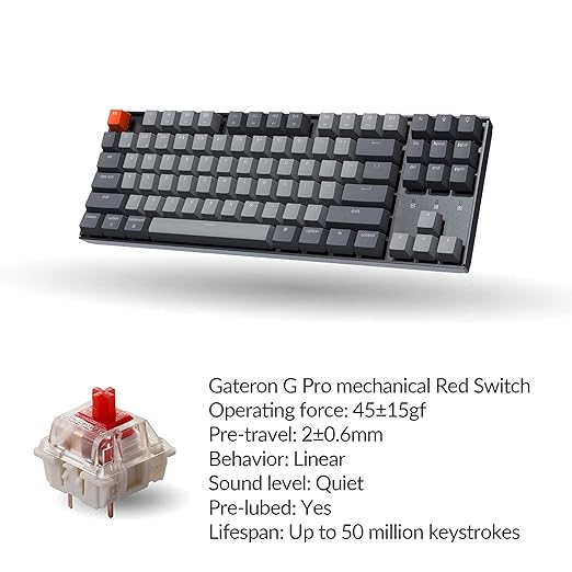 Keychron K8 Tenkeyless Wireless Mechanical Keyboard for Mac, RGB Backlight, Bluetooth, Multitasking, Type-C Wired Gaming Keyboard for Windows with Gateron G Pro Red Switch