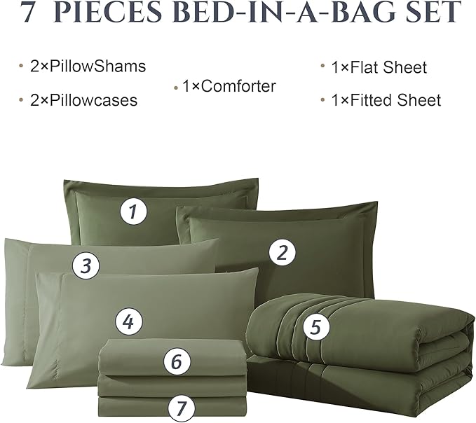 Monbix Oversized King Size Comforter Set - 7 Pieces Olive Green Bed in a Bag Oversized King Bedding Sets with Comforters, All Seasons Comforter Bed Set with Sheets, Pillowcases & Shams