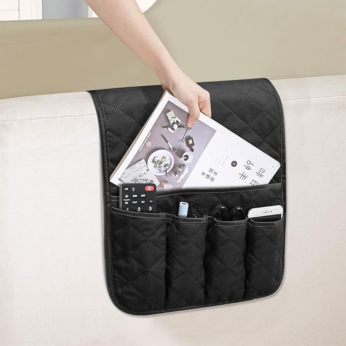 Sofa Armrest Organizer Non-Slip Arm Chair Bedside Caddy Storage Organizer for Recliner Couch with 5 Pockets for Cell Phone TV Remote Control Magazines (BLACK)