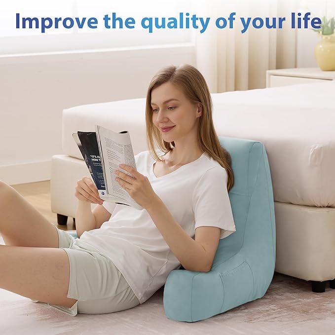 Back Pillow for Bed Sitting up, Reading Pillow for Sitting in Bed Adult, Back Support Pillow, Memory Foam Sit up Lounge Backrest Pillow with Arms for TV, Couch, Chair, Dorm, 18 Inch, Lake Blue