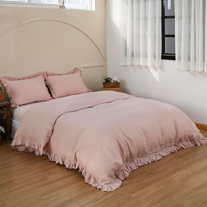 Simple&Opulence 100% Linen Duvet Cover Set, 3 PCS Natural French Flax Blush Pink Ruffle Duvet Cover Queen Size, Breathable Comfy Linen Bedding Comforter Cover with 2 Pillowcases(Blush Pink, 88" X 92")