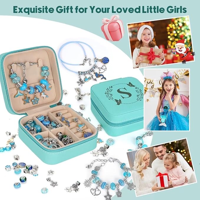 Charm Bracelet Making Kit, Kid Jewelry Making Kit for Girls 8-12, Unicorn Craft Kits for Teen Girls Toys Ages 3-10 Years Old Girl Gifts Trendy Stuff Birthday Christmas Gift with Initial Jewelry Box- S