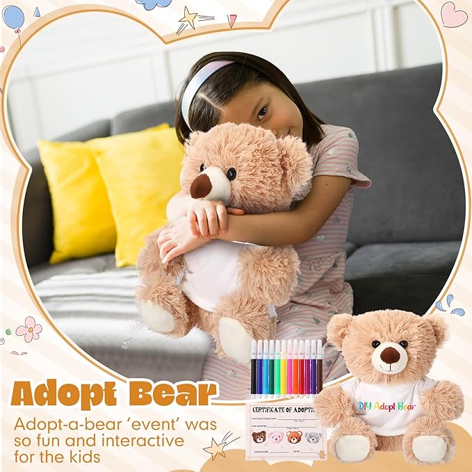 HyDren Valentine's Day Gifts for Kid DIY Bear Stuffed Animal Set Adopt and Stuff Bear Kit 10 Inch Soft Bear Plush with White Bear Clothes Adoption Card DIY Brush for Classroom Favor Baby Shower Party