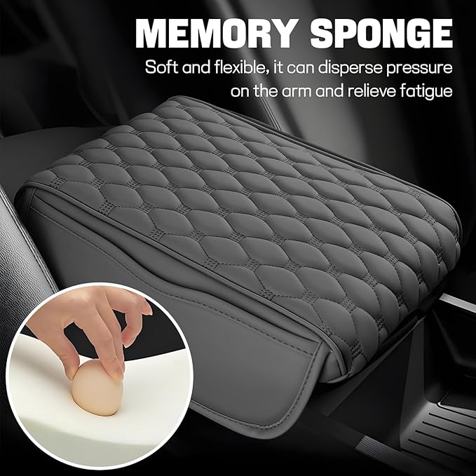 wuyaoyao Car Center Console Cover, 12.13"×8.66"×3.74" Leather Car Armrest Cover with with 2 Side Pockets, Memory Foam Soft Auto Armrest Cushion Pad, Universal Vehicle Arm Rest Protector (Gray)