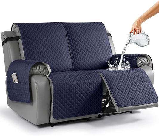 TAOCOCO Loveseat Recliner Cover Non-Slip Sofa Slipcover, Pet Cover for Loveseat Recliner with Elastic Straps, Washable Reclining Loveseat Cover Recliner Furniture Protector (2 Seater, Dark Blue)