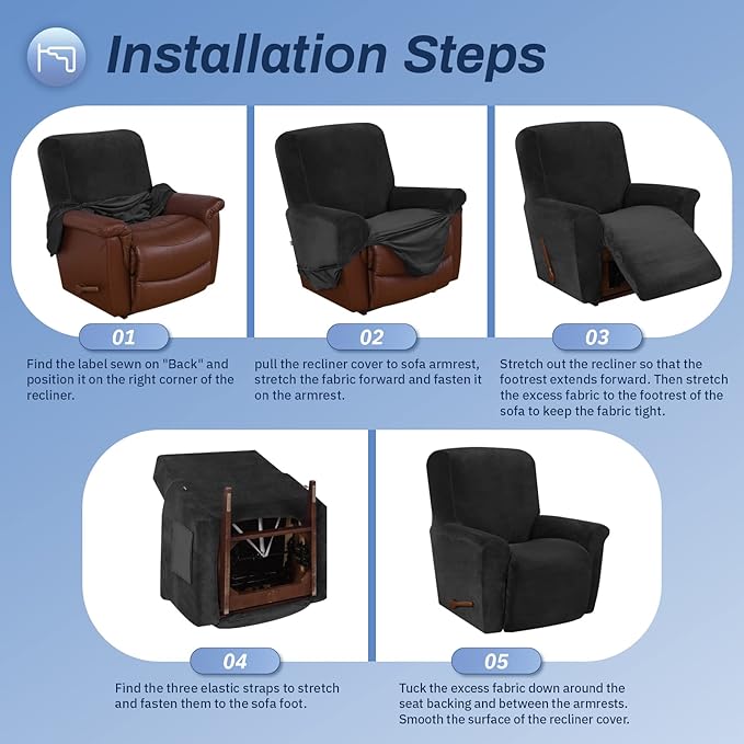 WEERRW Velvet High Stretch Recliner Chair Cover 1 Piece Recliner Couch Cover, Washable Furniture Protector with Non Slip Elastic Bottom for Kids and Pets, Black