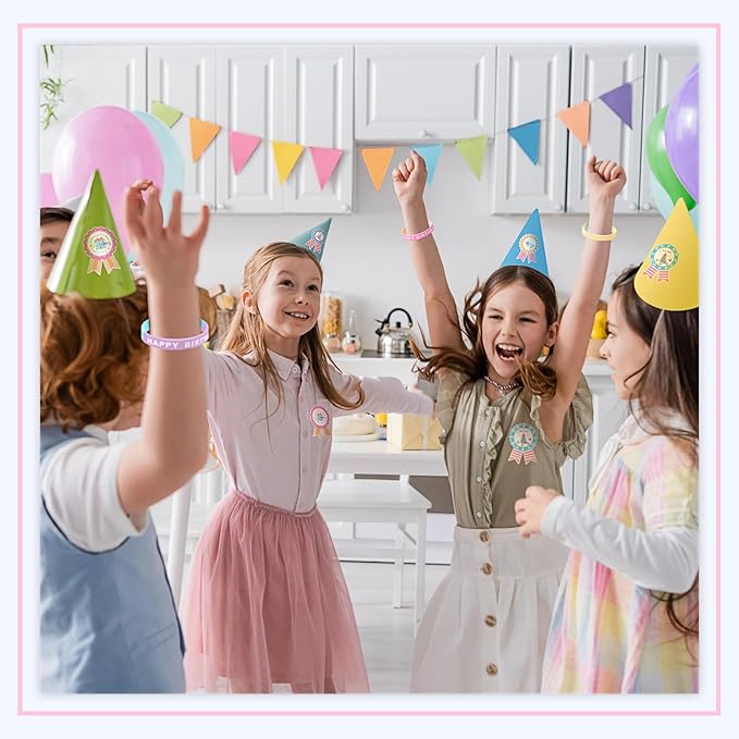 Leinuosen 248 Pcs School Supplies for Kids Classroom Include 200 Happy Birthday Badge Stickers Roll 24 Birthday Bracelets and 24 Rainbow Paper Gift Bag for Teacher Student Birthday Decor (Fresh Color)