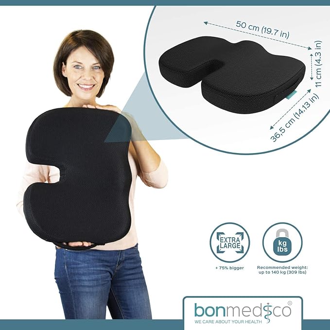 bonmedico Orthopedic Seat Cushion X-Large – Gel Memory Foam Chair Cushion for Tailbone, Sciatica & Lower Back Relief – Ergonomic Office Chair Cushion & Car Seat Cushion, Washable Cover, Non-Slip Base