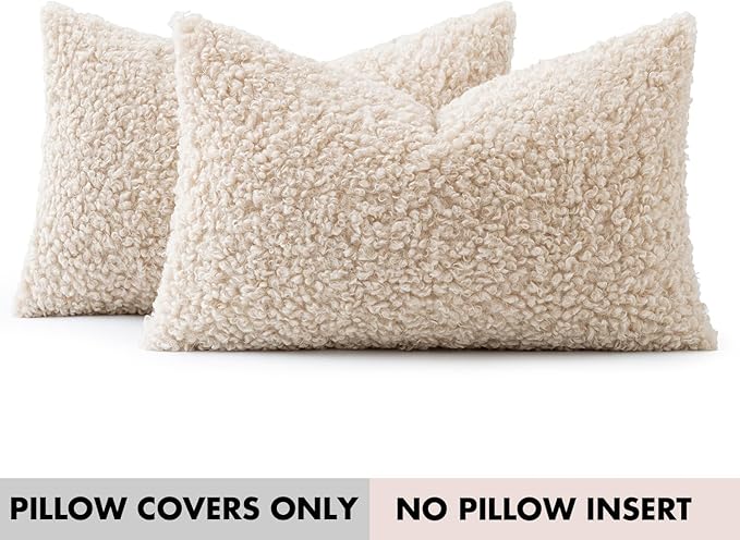 Woaboy Faux Fur Throw Pillow Covers 20x12 Inch Set of 2 Boucle Neutral Decorative Lumbar Sherpa Fuzzy Accent Sheepskin Fleece Cushions Modern Christmas Home Decor for Couch Sofa Bed Livingroom,Beige