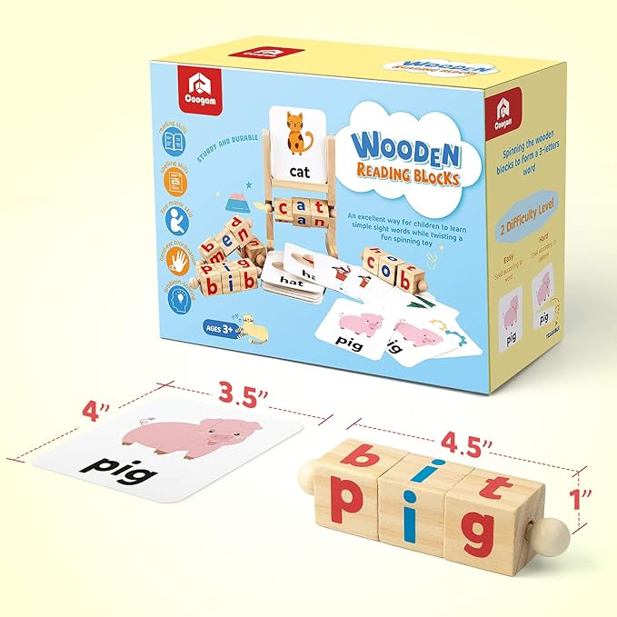 Coogam Wooden Reading Blocks Short Vowel Rods Spelling Games, Flash Cards Turning Rotating Letter Puzzle for Kids, Site Words Montessori Spinning Alphabet Learning Toy for Preschool Boys Girls