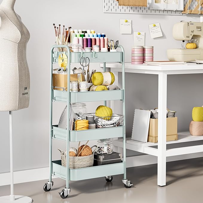 TOOLF 4-Tier Metal Rolling Cart with Wheels, Storage Utility Organizer Cart for Kitchen, Bathroom, Office, Baby Essentials & Makeup - Lockable Casters, Easy Assembly, Large Capacity, Green