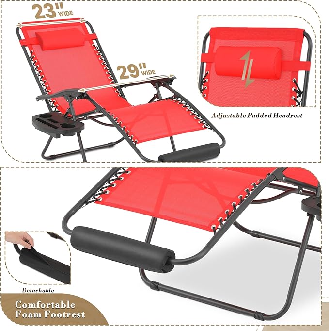 Athena Collection Zero Gravity Outdoor Lounge Chairs Set of 2, 29" Width Pool Lounge Lawn Chairs Reclining with Cup Holder Food Pad, Outdoor Chaise for Beach Patio Backyard Outside, Red