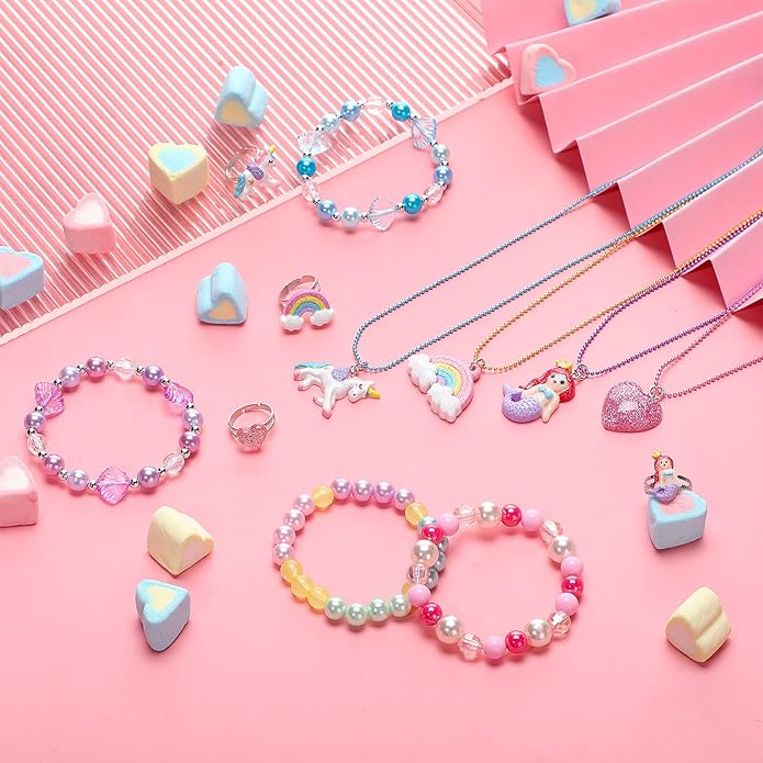 12 PCS Girls Necklaces Bracelets and Rings Set with Unicorn Mermaid Rainbow Heart Shell Star Pendants Girls Jewelry Set Party Favors Friendship Pretend Dress Up Play Jewelry (Cute Style)
