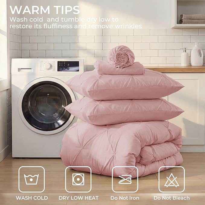 Sasttie Twin Comforter Set, 5-Piece Bed in a Bag, Pintuck Bedding Sets for All Season, Includes Comforter, Flat Sheet, Fitted Sheet, Pillowcase and Pillowsham, Rose Gold