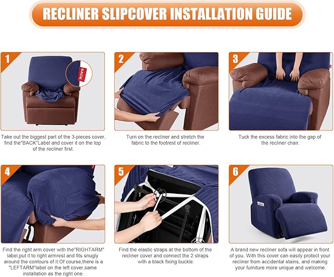 VANSOFY Recliner Chair Cover, 3-Pieces Stretch Lazy Boy Recliner Covers for Recliner Chair Soft Reclining Chair Slipcover Furniture Protector for Dogs Cats(Navy Blue)